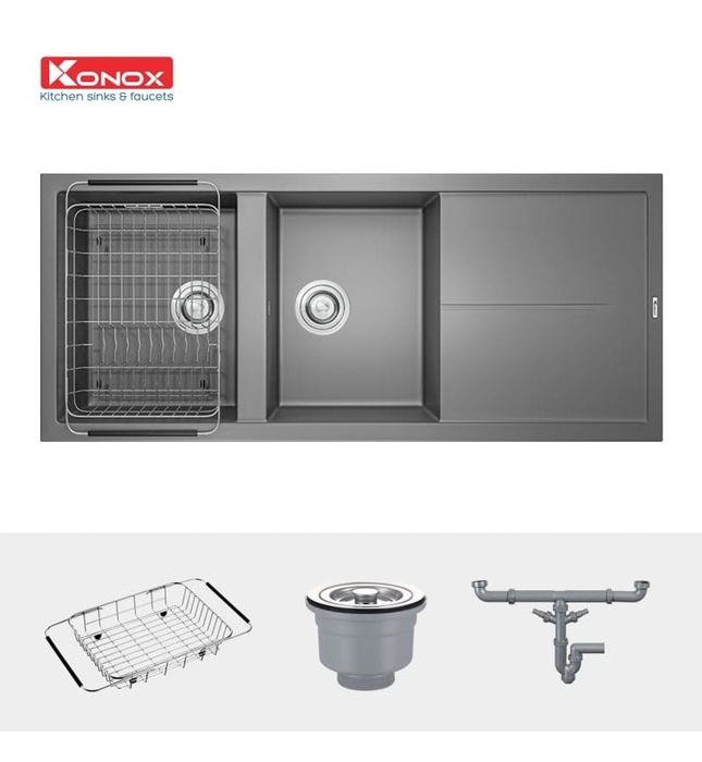Chậu rửa bát đá 2 hố 1 bàn Konox Livello Smart 1160 Grey Italy