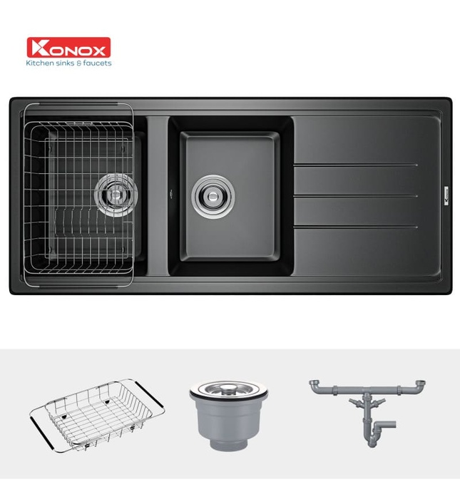 Chậu rửa bát đã 2 hố 1 bàn trái phải Konox Phoenix 1160 Black Italy