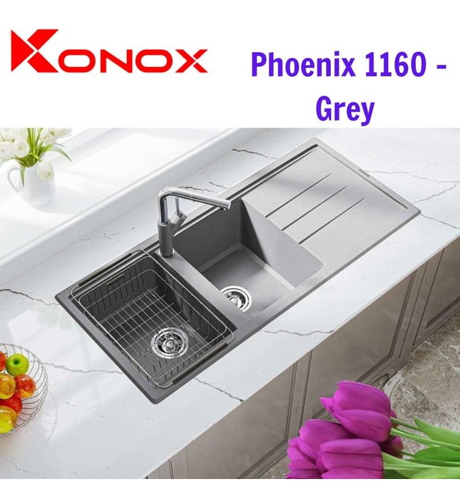 Chậu rửa bát đá 2 hố 1 bàn trái phải Konox Phoenix 1160 Grey Italy