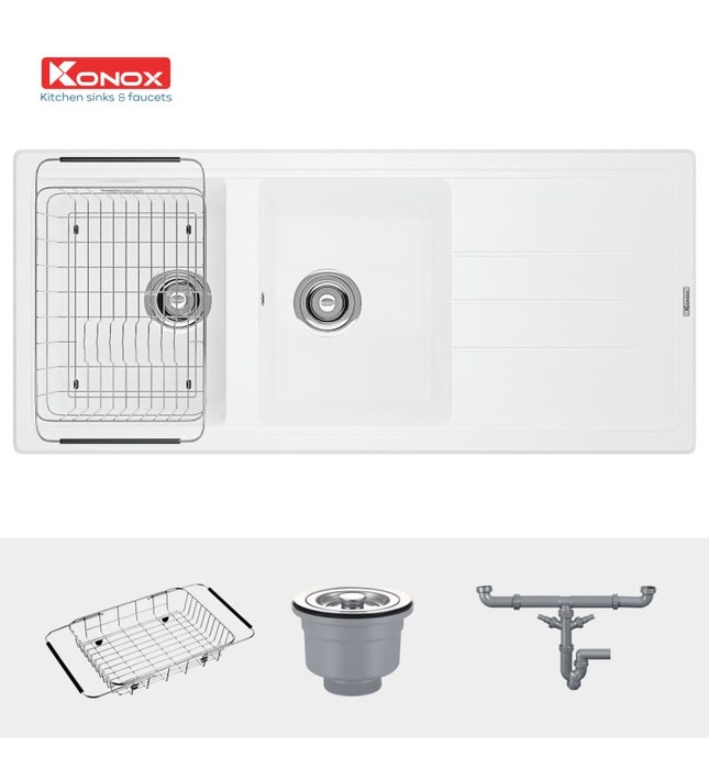 Chậu rửa bát đá 2 hố cân Konox Phoenix 1160 White Silver Italy