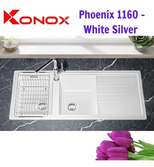 Chậu rửa bát đá 2 hố cân Konox Phoenix 1160 White Silver Italy