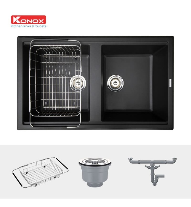 Chậu rửa bát đá 2 hố cân Konox Phoenix 860 Black Đen Italy