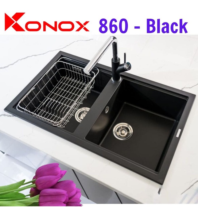 Chậu rửa bát đá 2 hố cân Konox Phoenix Smart 860 Black Đen Italy