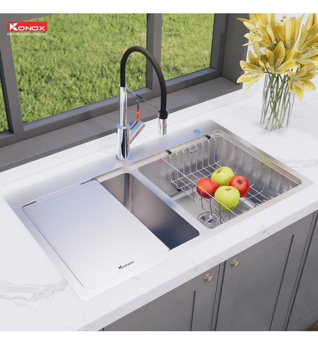 Chậu rửa bát 2 hố cân chống xước Konox KN8651TD Dekor Full