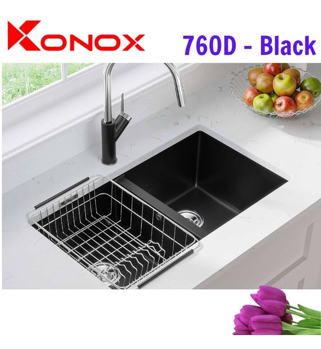 Chậu rửa bát đá âm bàn Konox Veloci 760D Black Đen Italy