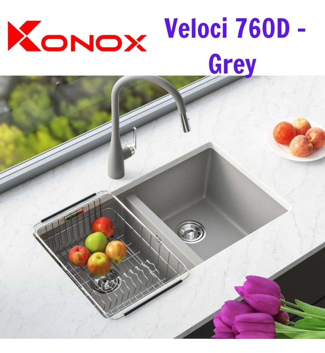 Chậu rửa bát đá âm bàn Konox Veloci 760D Grey Xám Italy