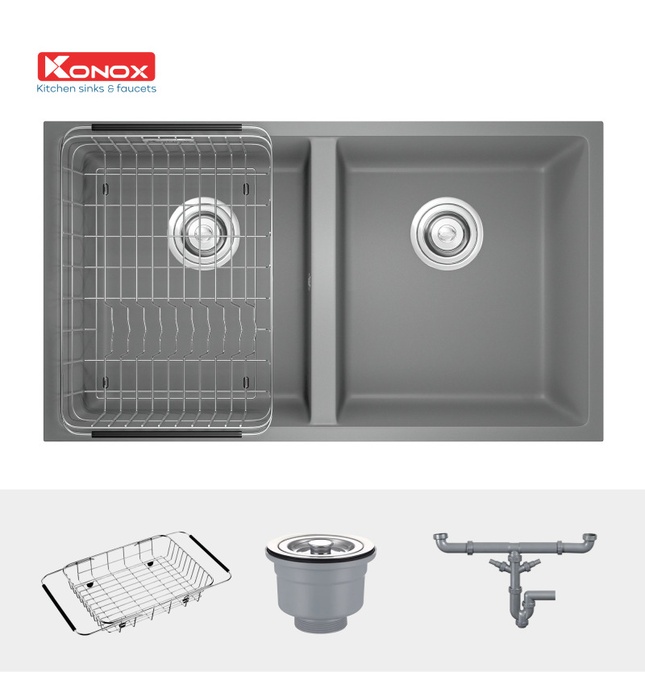 Chậu rửa bát đá âm bàn Konox Veloci 760D Grey Xám Italy