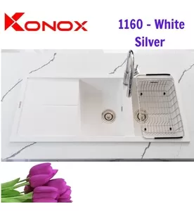 Chậu rửa bát đá 2 hố 1 bàn Konox Livello Smart 1160 White Silver Italy