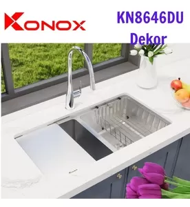 Chậu rửa bát âm 2 hố cân chống xước Konox KN8646DU Dekor Full