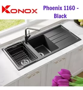 Chậu rửa bát đã 2 hố 1 bàn trái phải Konox Phoenix 1160 Black Italy
