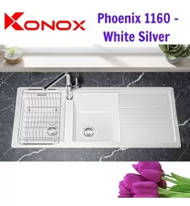 Chậu rửa bát đá 2 hố cân Konox Phoenix 1160 White Silver Italy