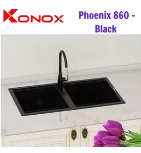 Chậu rửa bát đá 2 hố cân Konox Phoenix 860 Black Đen Italy