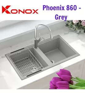 Chậu rửa bát đá 2 hố cân Konox Phoenix 860 Grey Xám Italy
