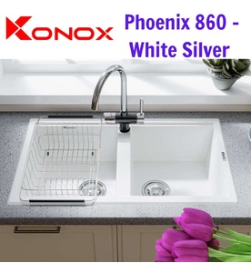 Chậu rửa bát đá 2 hố cân Konox Phoenix 860 White Silver Italy