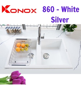 Chậu rửa bát đá 2 hố cân Konox Phoenix Smart 860 White Silver Italy