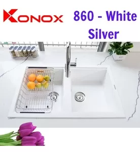 Chậu rửa bát đá 2 hố cân Konox Phoenix Smart 860 White Silver Italy