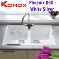 Chậu rửa bát đá 2 hố cân Konox Phoenix 860 White Silver Italy