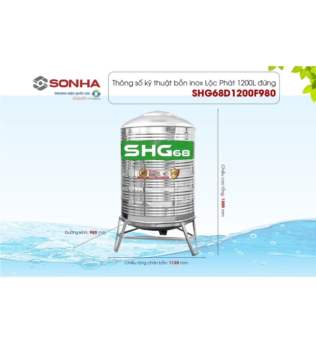 Bồn nước Lộc Phát Inox 445NF Sơn Hà Xanh 1200L đứng SHG68 1200D