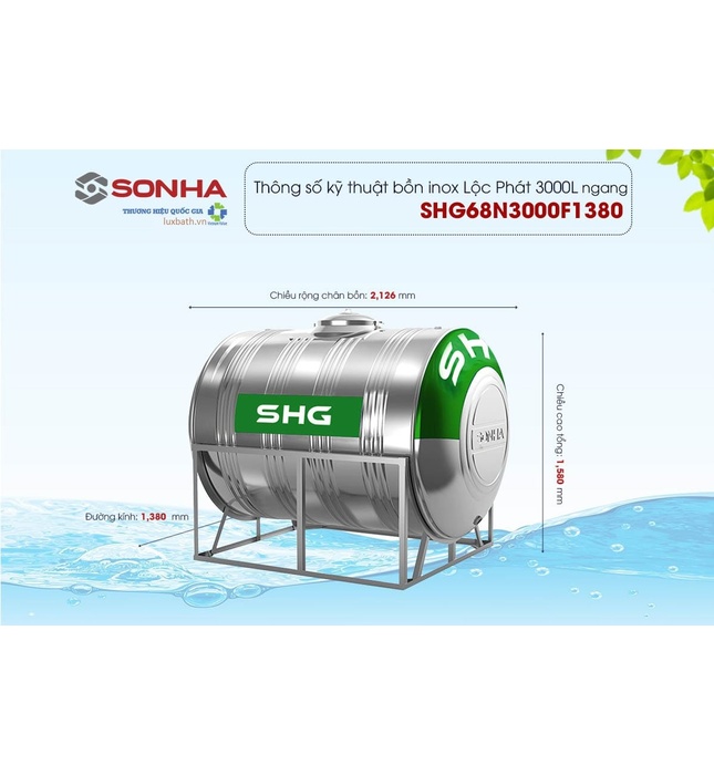 Bồn nước Lộc Phát Inox 445NF Sơn Hà Xanh 3000L nằm SHG68 3000N F1380