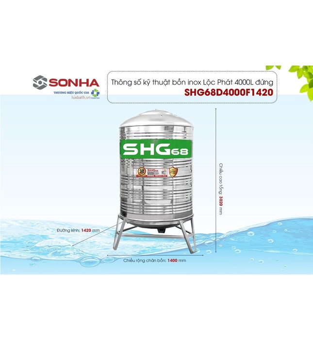 Bồn nước Lộc Phát Inox 445NF Sơn Hà Xanh 4000L đứng SHG68 4000D F1420