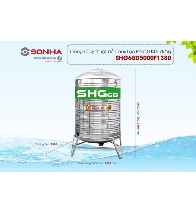 Bồn nước Lộc Phát Inox 445NF Sơn Hà Xanh 5000L đứng SHG68 5000D F1380