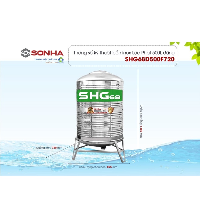 Bồn nước Lộc Phát Inox 445NF Sơn Hà Xanh 500L đứng SHG68 500D