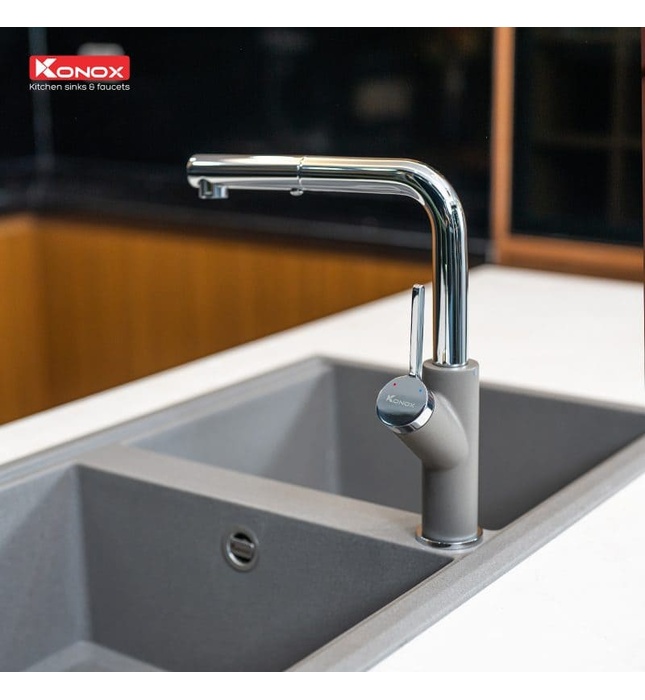 Vòi rửa bát nóng lạnh dây rút Konox Artan Grey