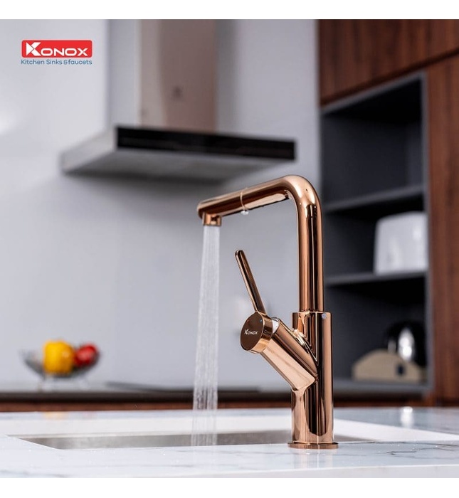 Vòi rửa bát nóng lạnh dây rút Konox Artan Rose Gold