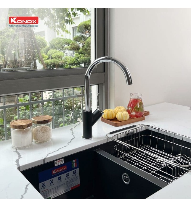 Vòi rửa bát nóng lạnh cần cứng Konox Modo Black