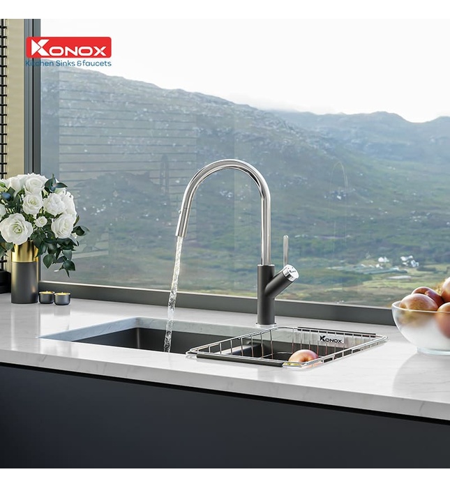 Vòi rửa bát nóng lạnh dây rút Konox Ponte Black