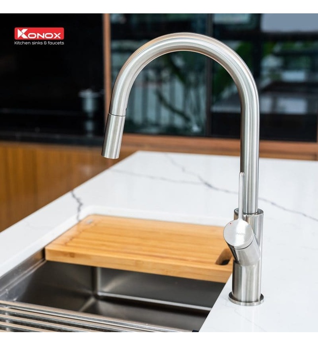 Vòi rửa bát nóng lạnh dây rút Konox Ponte Nickel