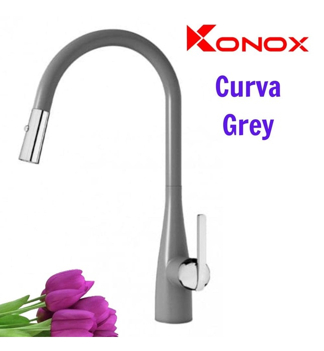 Vòi rửa bát nóng lạnh dây rút Konox Curva Grey