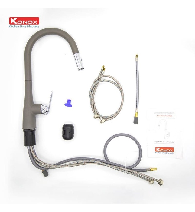 Vòi rửa bát nóng lạnh dây rút Konox Curva Grey