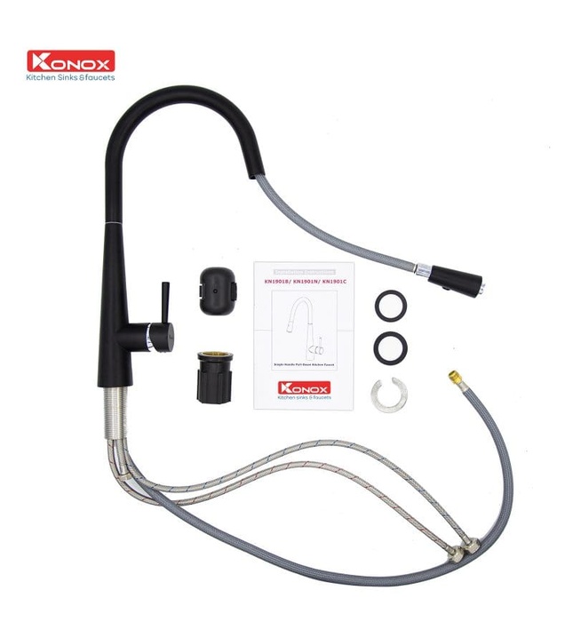 Vòi rửa bát nóng lạnh dây rút màu đen Konox KN1901B