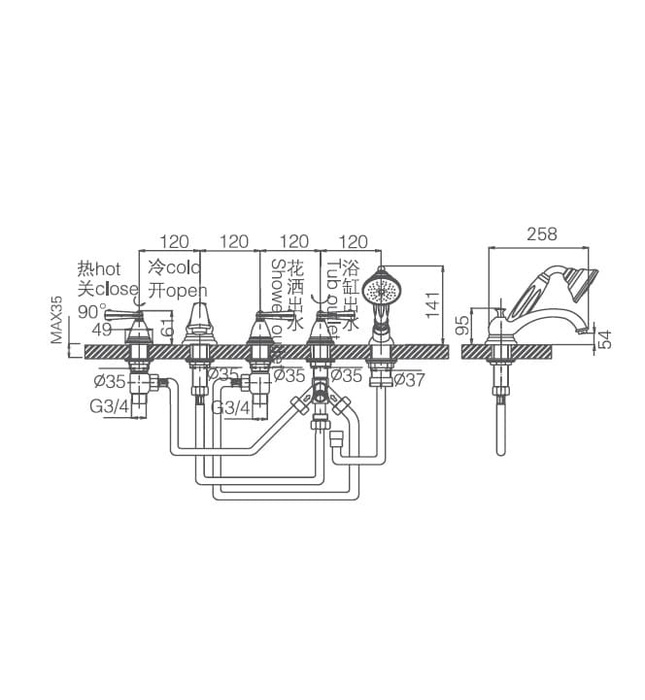 Vòi Sen Bồn Tắm 5 Chân Gắn Bồn Đài Loan Joden Diana 50005018B4