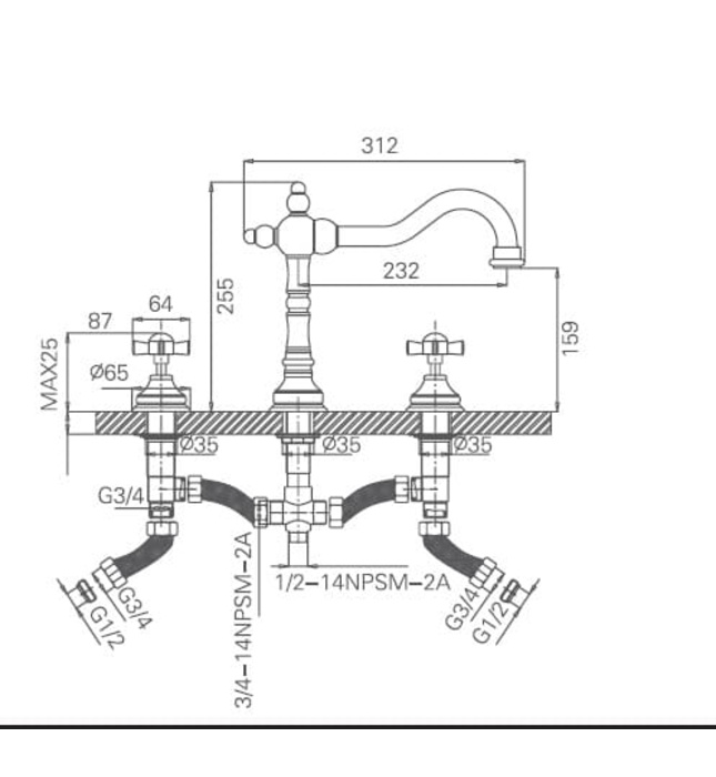 Vòi chậu rửa mặt 3 chân cao gắn chậu Joden Alexander 510K30M3B6