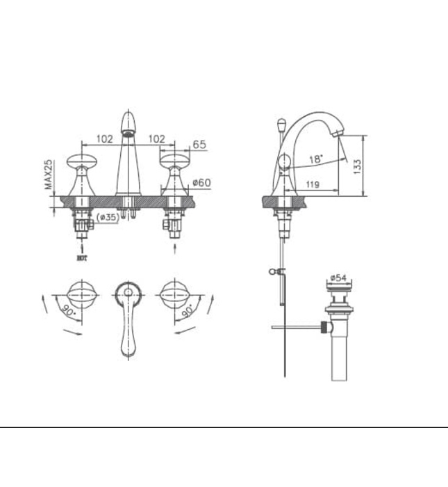 Vòi chậu rửa mặt 3 chân Joden 21007673C