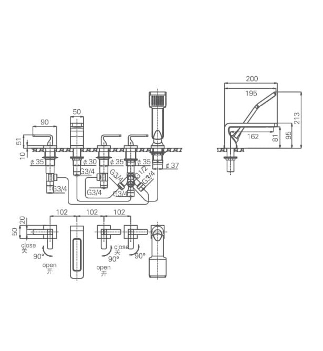 Vòi Sen Bồn Tắm 5 Chân Đài Loan Joden Hemmenway 50554381C