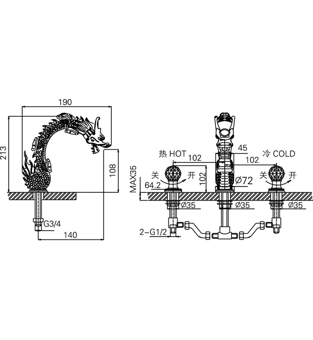Vòi chậu rửa mặt 3 chân gắn chậu Joden King 21036605G