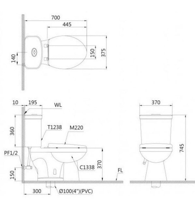 Bồn cầu 2 khối nắp rửa cơ Caesar CD1338/TAF060