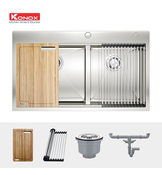 Chậu rửa bát 2 hố lệch SUS304 Konox Workstation KN8250TD Thổ Nhĩ Kỳ 