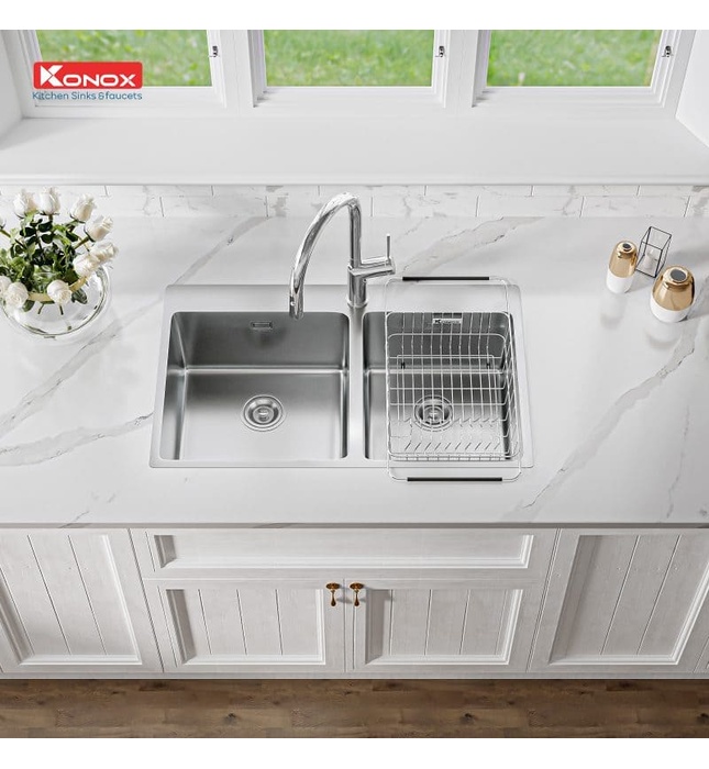 Chậu rửa bát 2 hố lệch SUS304 Konox Unico Series 8250 Thổ Nhĩ Kỳ 