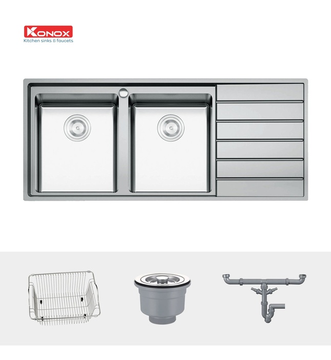 Chậu rửa bát 2 hố cân bàn phải SUS304 Konox European KS11650 2B Thổ Nhĩ Kỳ