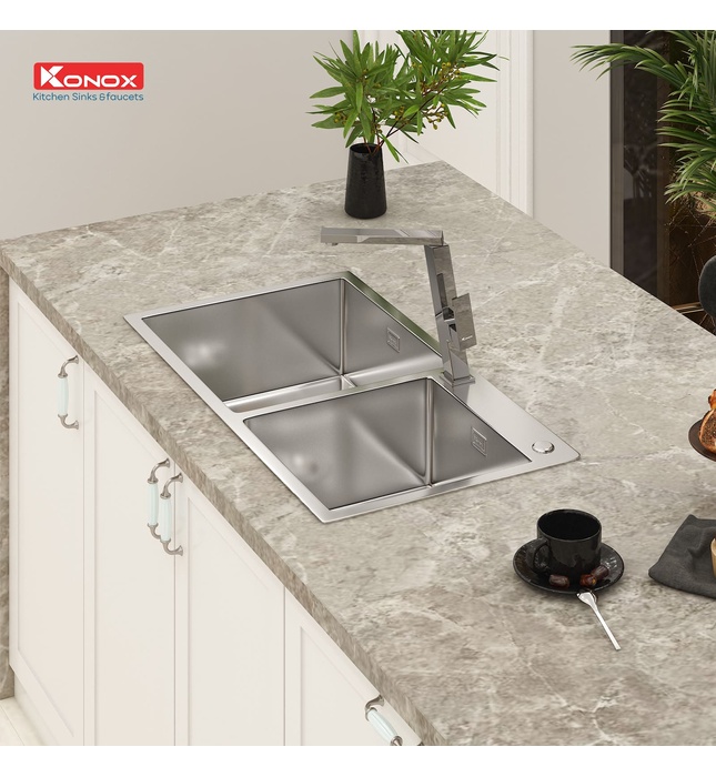 Chậu rửa bát 2 hố lệch SUS304 Konox Overmount KN8245DO Thổ Nhĩ Kỳ 