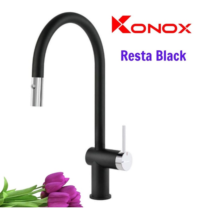 Vòi rửa bát nóng lạnh dây rút Konox Resta Black