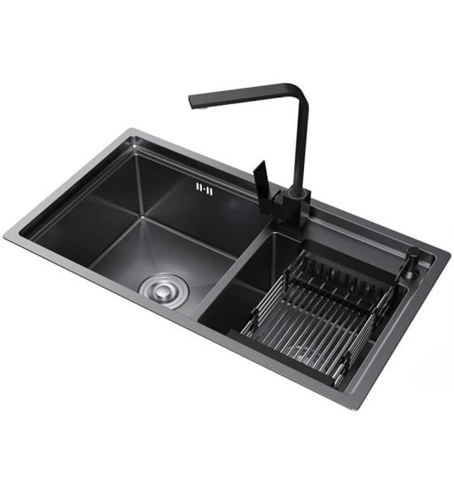 Chậu rửa bát 2 hố lệch màu đen Miken MKRB-8246B