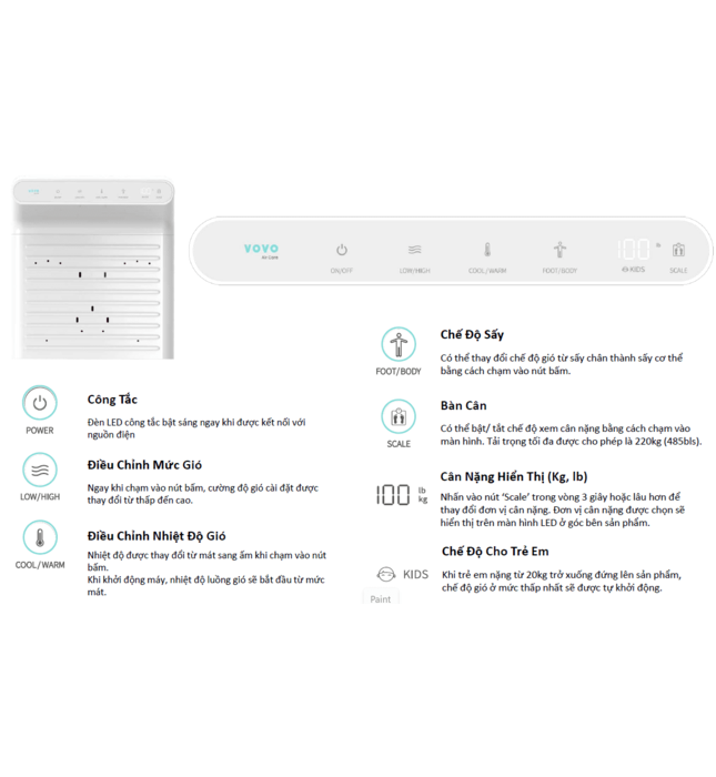 Máy sấy chân và cơ thể Hàn Quốc Vovo BD-7700W màu trắng