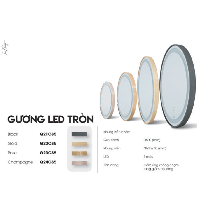 Gương Led Viền Nhôm Vàng Tròn 60cm GLS Q22C85 Ánh Sáng Trong