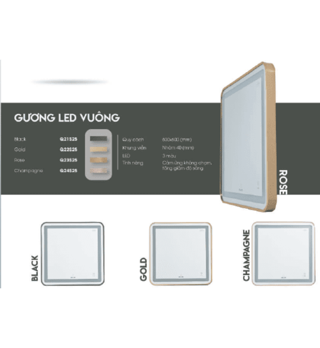 Gương Led Viền Nhôm Vàng Vuông 60x60cm GLS Q22S25 Ánh Sáng Trong
