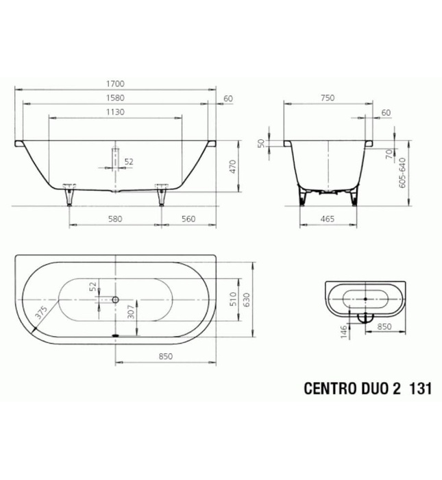 Bồn tắm xây 1.7m thép tráng men KALDEWEI CENTRO DUO 2 131